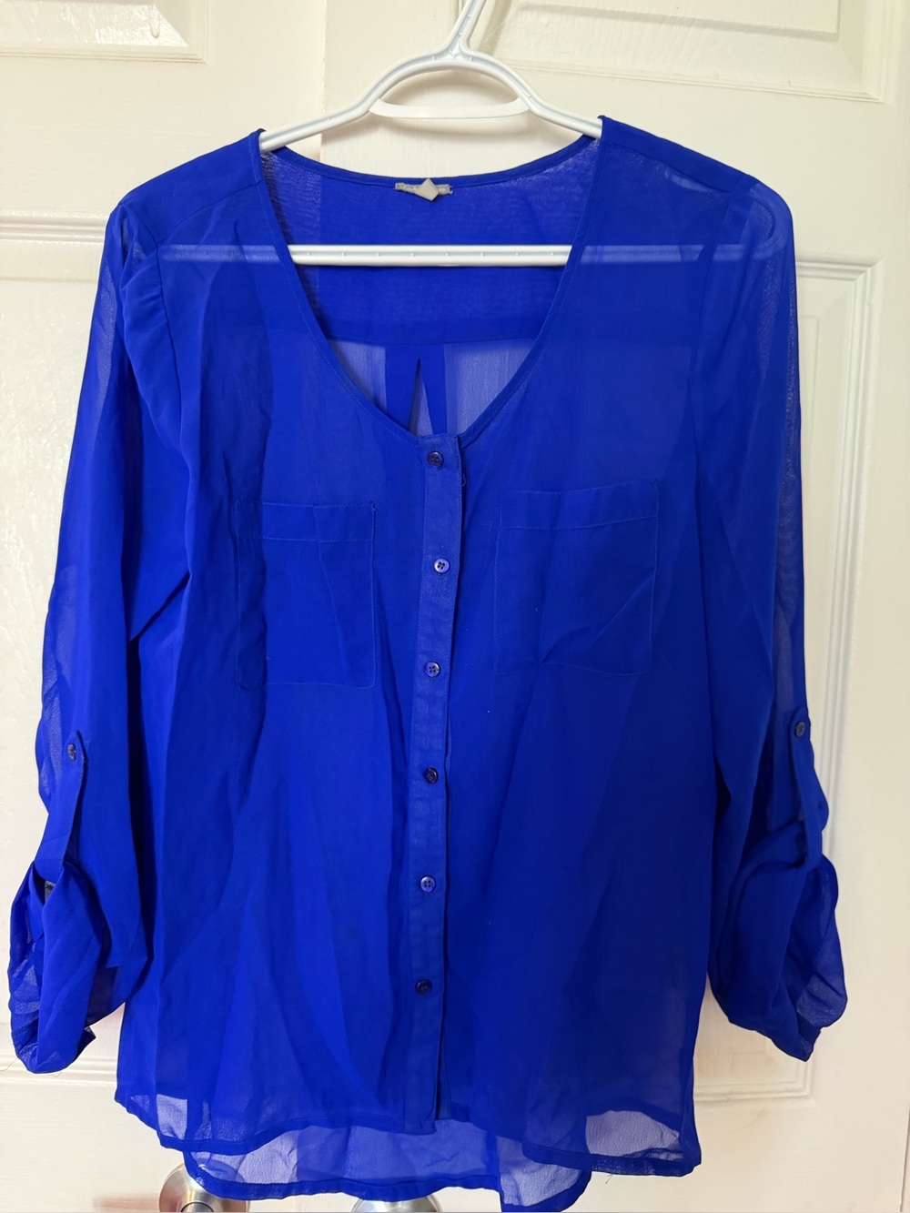 Charlotte Russe Sheer Button-Front Blouse in Cobalt Blue